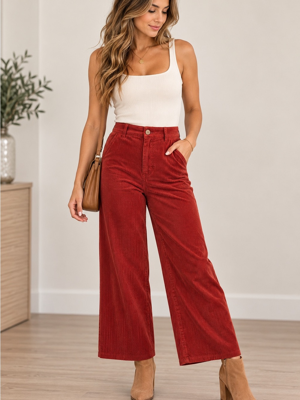 Knot Sisters Rust Burnt Orange Corduroy Wide Leg Cropped Pants High Rise